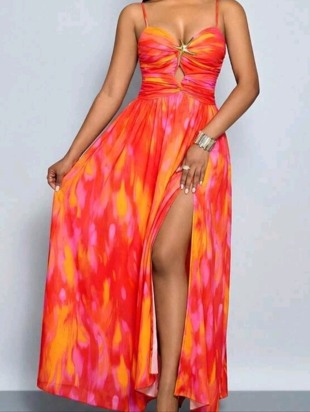 Women's Tropical Print Hollow Out High Slit With Golden Starfish Decoration Back - Picture 3 of 8
